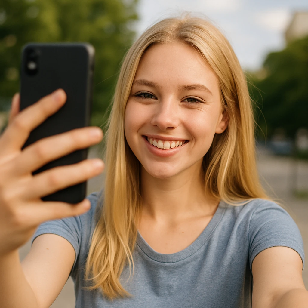 blonde girl taking a selfie emoji