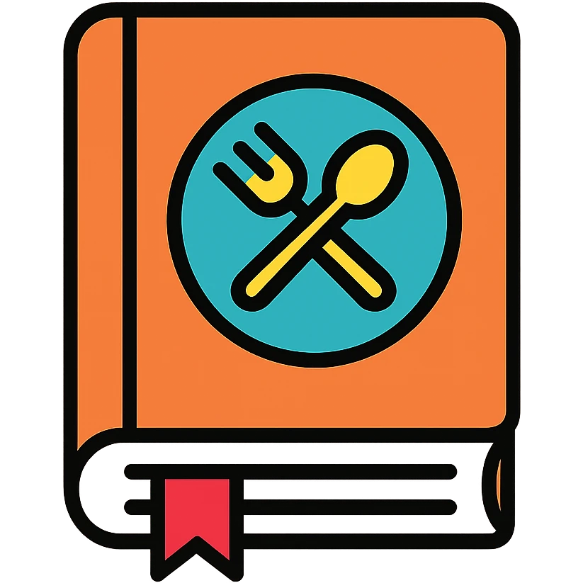 Closed cookbook with a fork and spoon symbol on the cover – collection of recipes emoji