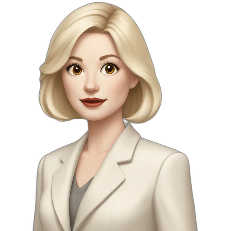 pale skin woman with ash blonde Straightened bob Hair, White Spacious classical jacket, beige palazzo Arrow pants and gray blouse holding a color palette in the hands emoji