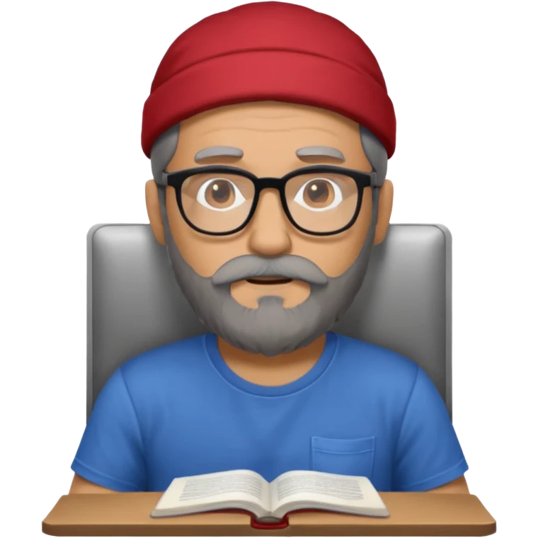 A man with a large gray beard, dark hair, wearing a t-shirt and glasses, studying. emoji