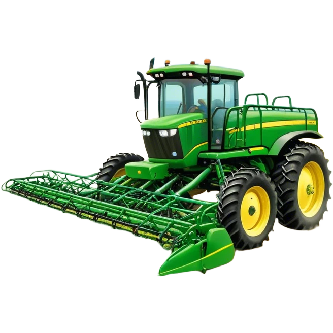 John Deere R4045 (2020) – Cinematic-realistic John Deere R4045 self-propelled sprayer, its green and yellow body gliding over rows of crops. Long booms extend across the field, misting a fine spray over the vibrant green plants, ensuring a healthy harvest under a bright blue sky. emoji