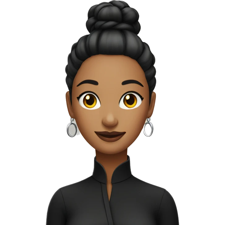 Woman with sleek bun hair with loop earrings wearing black turle neck shirt emoji
