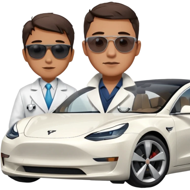 White tesla model 3 with a physician with sunglasses next to it emoji