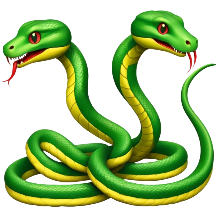 Two green snakes tangled at their tails, facing each other and hissing  emoji