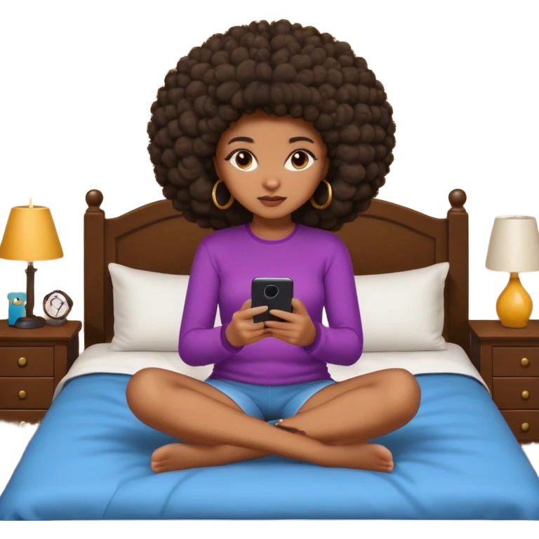 a slim thick black girl sitting on her bed with a big afroon her phone emoji