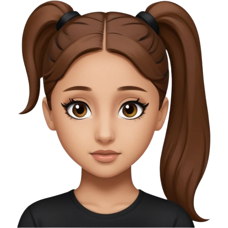 Ariana Grande high ponytaw with brown hair and with black thsirt and and eyeliner emoji