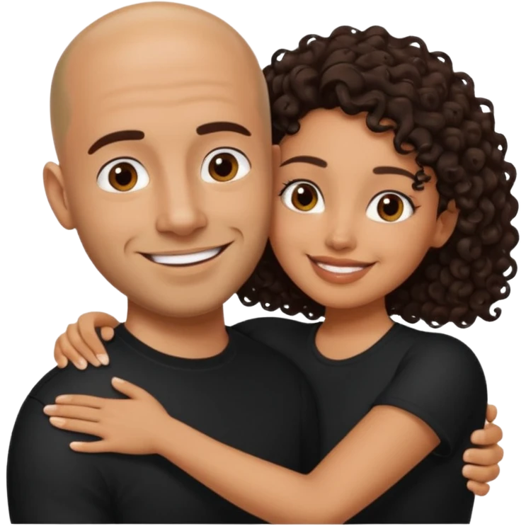 A picture of a tanned couple embracing. the man is a Mexican man with tanned skin, a bald hair cut, short beard and wearing a black shirt. the woman is mixed, with long curly dark brown hair and with big boobs  emoji