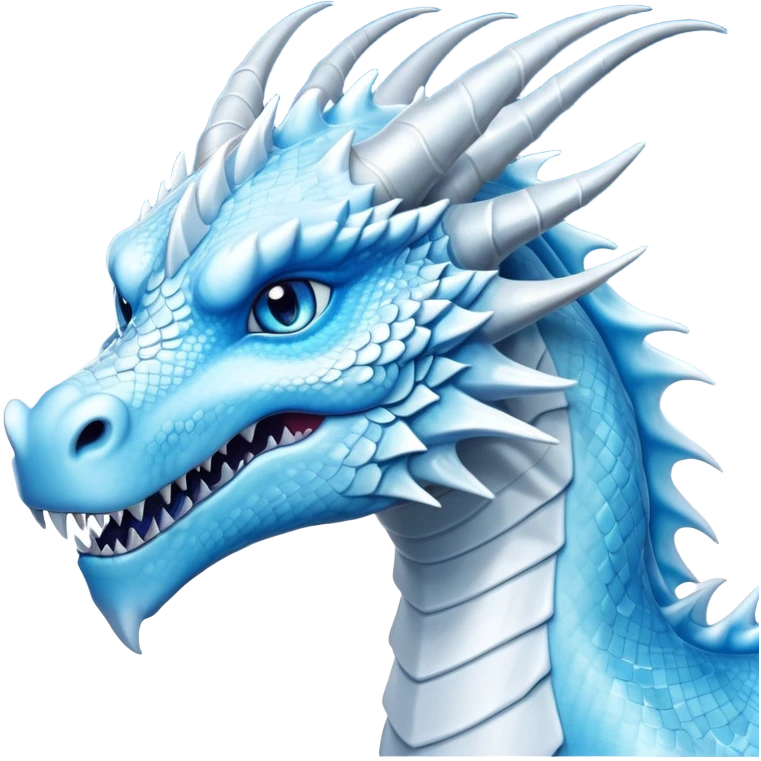 Cinematic Noble elegant Ice Dragon Portrait Emoji, Poised and imposing, distinct long elegant snout, with a slender, scaled body shimmering in glacial hues of icy blue, frostbitten silver, and crystalline white, breathing out frost, with piercing, glowing blue eyes that radiate the chilling depths of an arctic storm; rendered in detail. emoji
