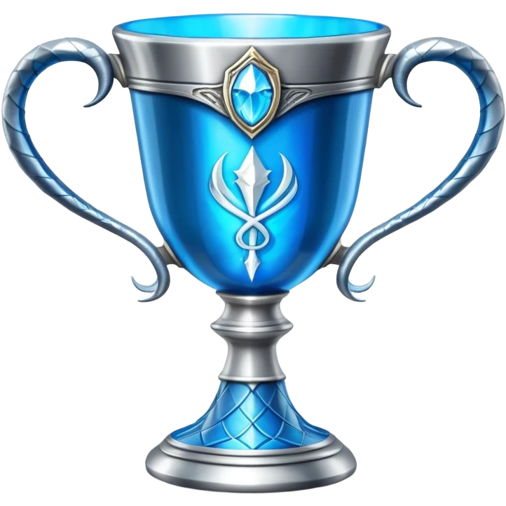 exact movie-accurate Triwizard Cup from Harry Potter, wide chalice with angular facets, two distinct silver snake handles curving upward, bright blue glow inside emoji