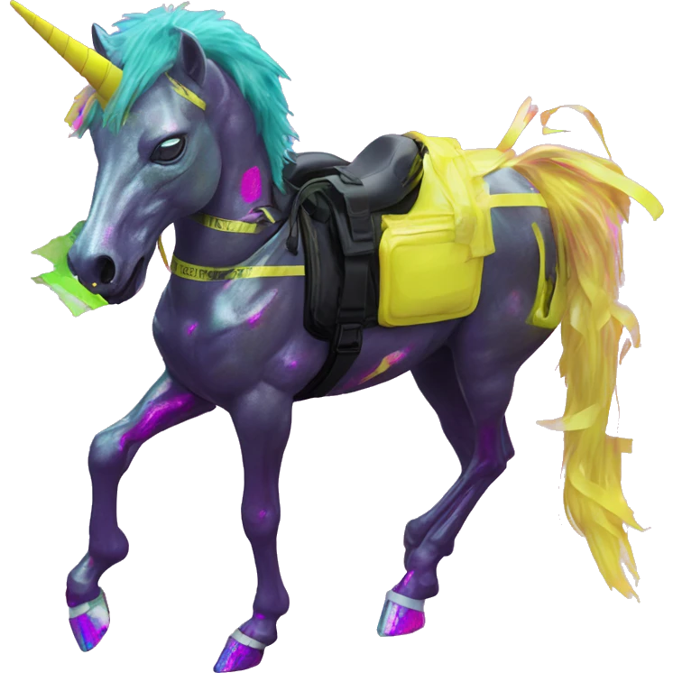 .Zombie_ Vaporwave black holographic oilslick zombie unicorn yellow caution tape graffiti Pegasus with  prosthetic leg  emoji