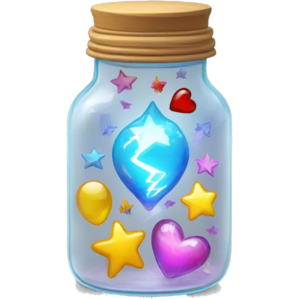 glass jar with bright objects inside (heart, lightning, drop, star) emoji