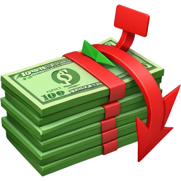 stack of banknotes with a red arrow pointing down emoji