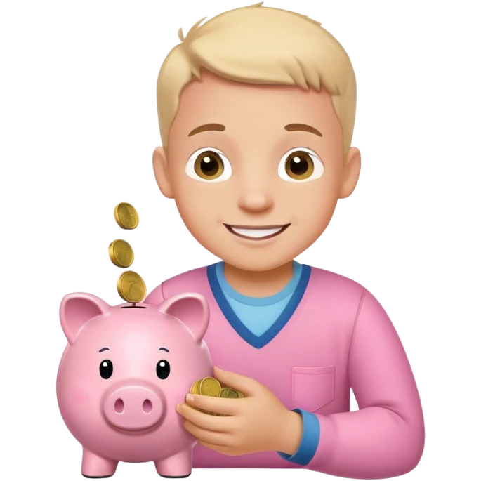 smiling boy carefully putting coins and bills into piggy bank emoji