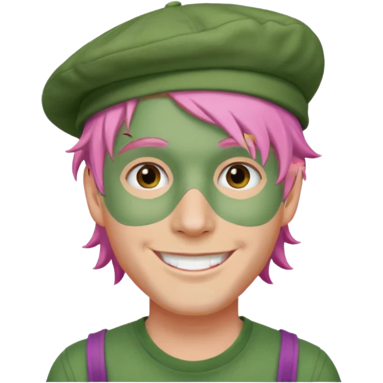 pink haired man with full full face green clay mask and a hat emoji