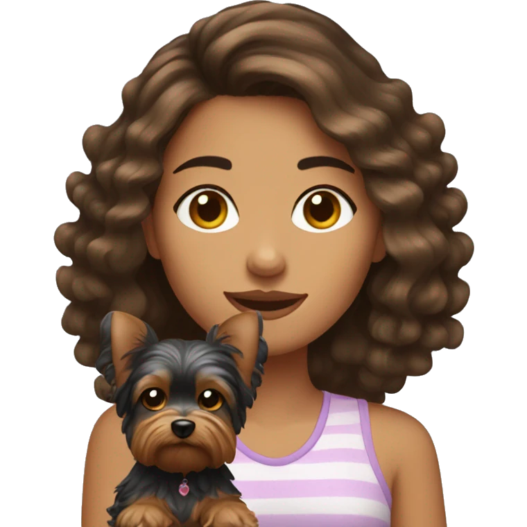 brunette girl with wavy hair with her yorkie emoji
