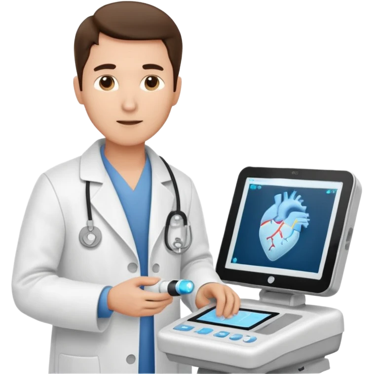 Cardiac sonographer male long white coat GE machine emoji