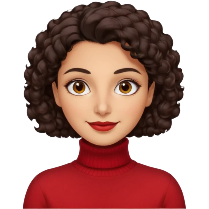 30 yr iranian woman dark brown hair curly wavy short hair, red turtle neck sweater, thick eyebrows emoji