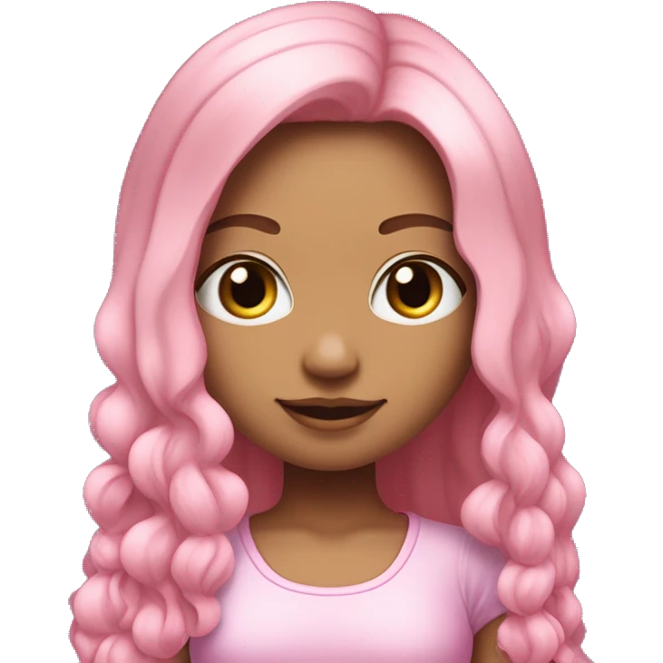 Menina tem cabelo dividido de um lado cabelo rosa do outro lado cabelo Lilás. A menina está usando um vestido rosa claro com detalhes de flores brancas na barra e calçando tênis rosa brilhane emoji