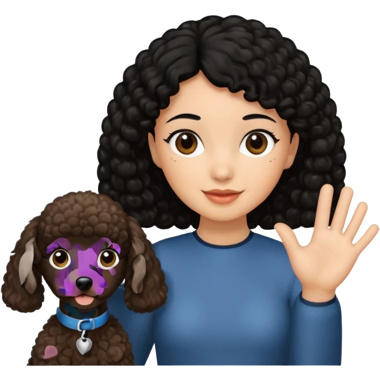 Ponytail black hair girl with brown Poodle say goodbye  emoji
