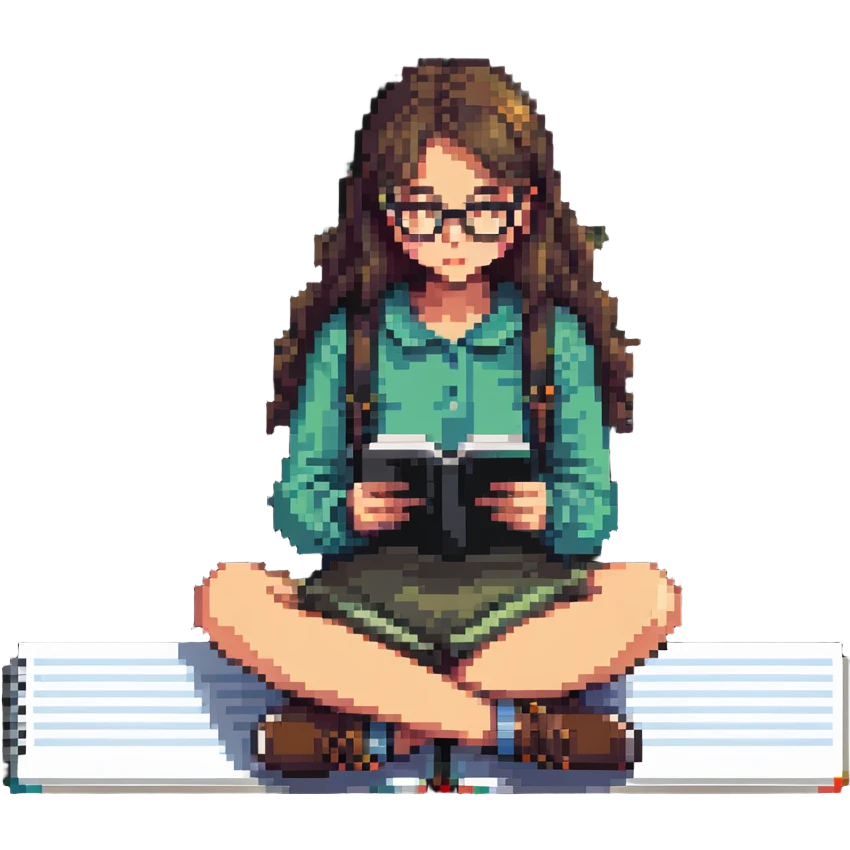 Girl with glasses reading her notebook while sitting emoji