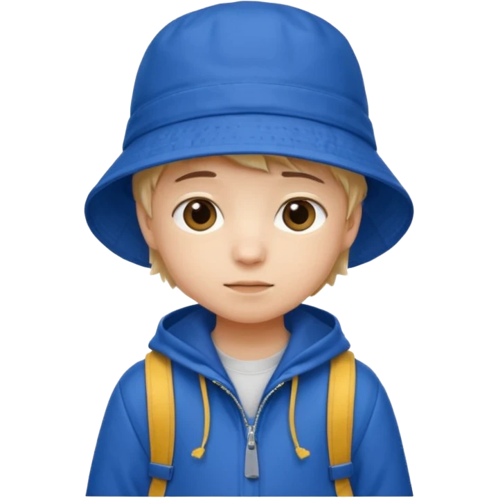 Little student wears blue bucket hat and jacket, backpack, shy emoji