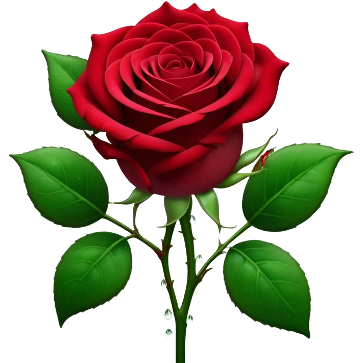 Cinematic Realistic Rose Emoji, Elegant and full of grace, with velvety, deep red petals unfurling in a perfect bloom, dew drops glistening on the soft edges, and a faint fragrance hanging in the air. The lush green leaves surround the stem, creating a vibrant contrast to the rich color of the petals. Soft glowing outline, capturing the essence of timeless beauty and romance in a single bloom. emoji