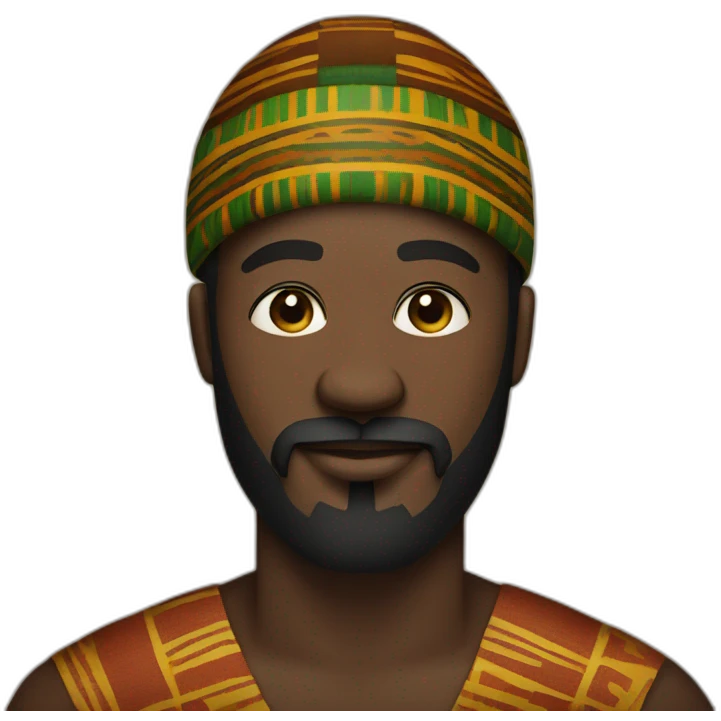 Black man with big beard wearing a kente kufi face emoji