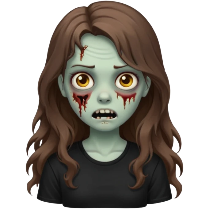 crie um emoji de uma garota zoombie cabelo castanho e longo , assustadora e fofa com cabelo ondulado 2b e camiseta básica preta emoji