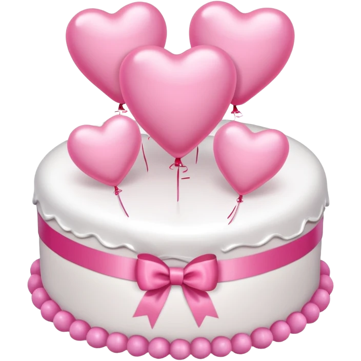 white heart shaped birthday cake with pink bow, pink balloons in background  emoji