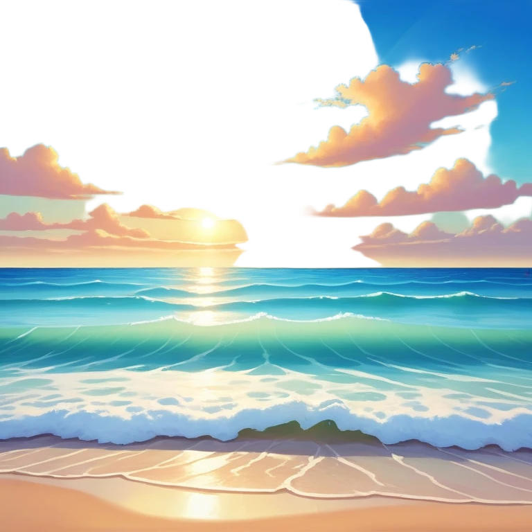 A beautiful  shoreless seascape with waves in warm tones under a bright sun, with the azure sea occupying the foreground. The sunlight reflects off the water, creating a vibrant, peaceful atmosphere. The background features a stunning sky with soft clouds and a distant horizon. emoji