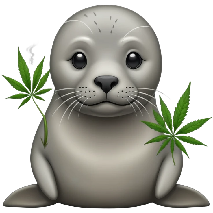 Grey slim seal sitting down and smoking weeds cannabis emoji