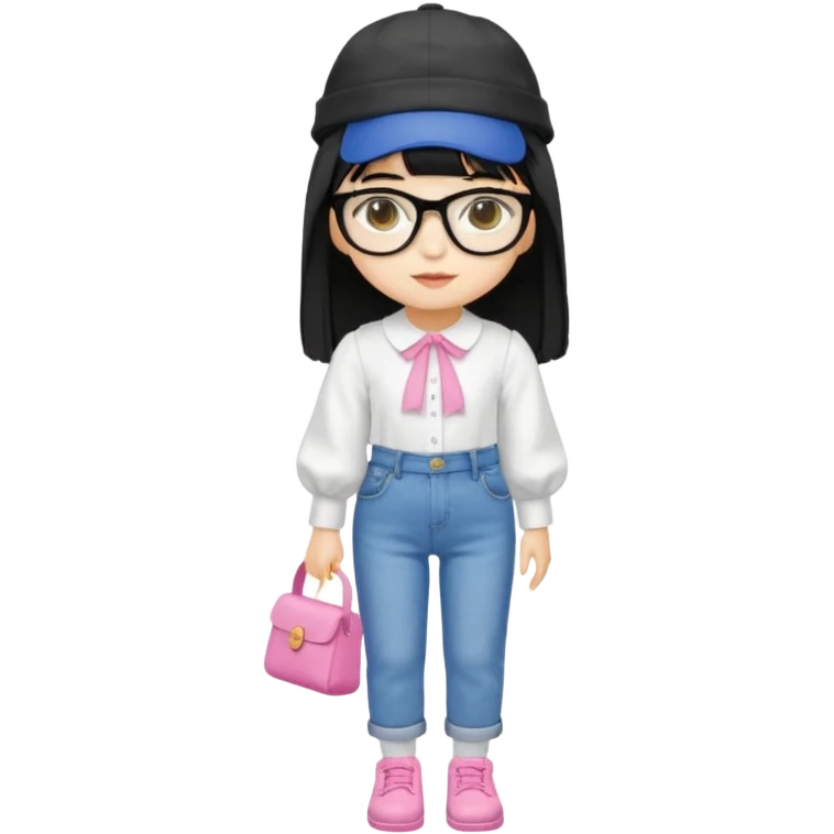 A yellow-skinned girl with long straight black hair, flat bangs, black frame glasses, a white puffy sleeve doll shirt, blue jeans and pink shoes, and a black painter's hat，no yellow spikes. emoji