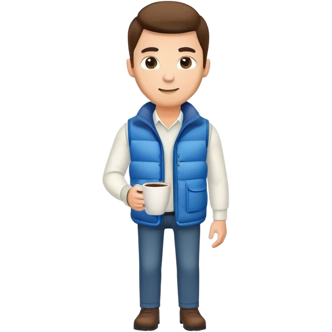 full body man wearing long sleeve white shirt with blue puffy winter vest holding a cup of coffee in front of him emoji