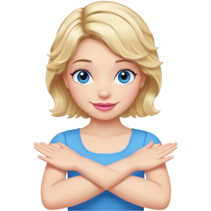 Girl Blonde short wavy hair,  blue eyes, cute blue top, long lashes, pink lips, smiling, making cross arms X with arms  emoji