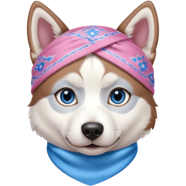 Husky siberiano fêmea, toda branca um olho azul e outro metade azul e marrom. Com bandana rosa emoji