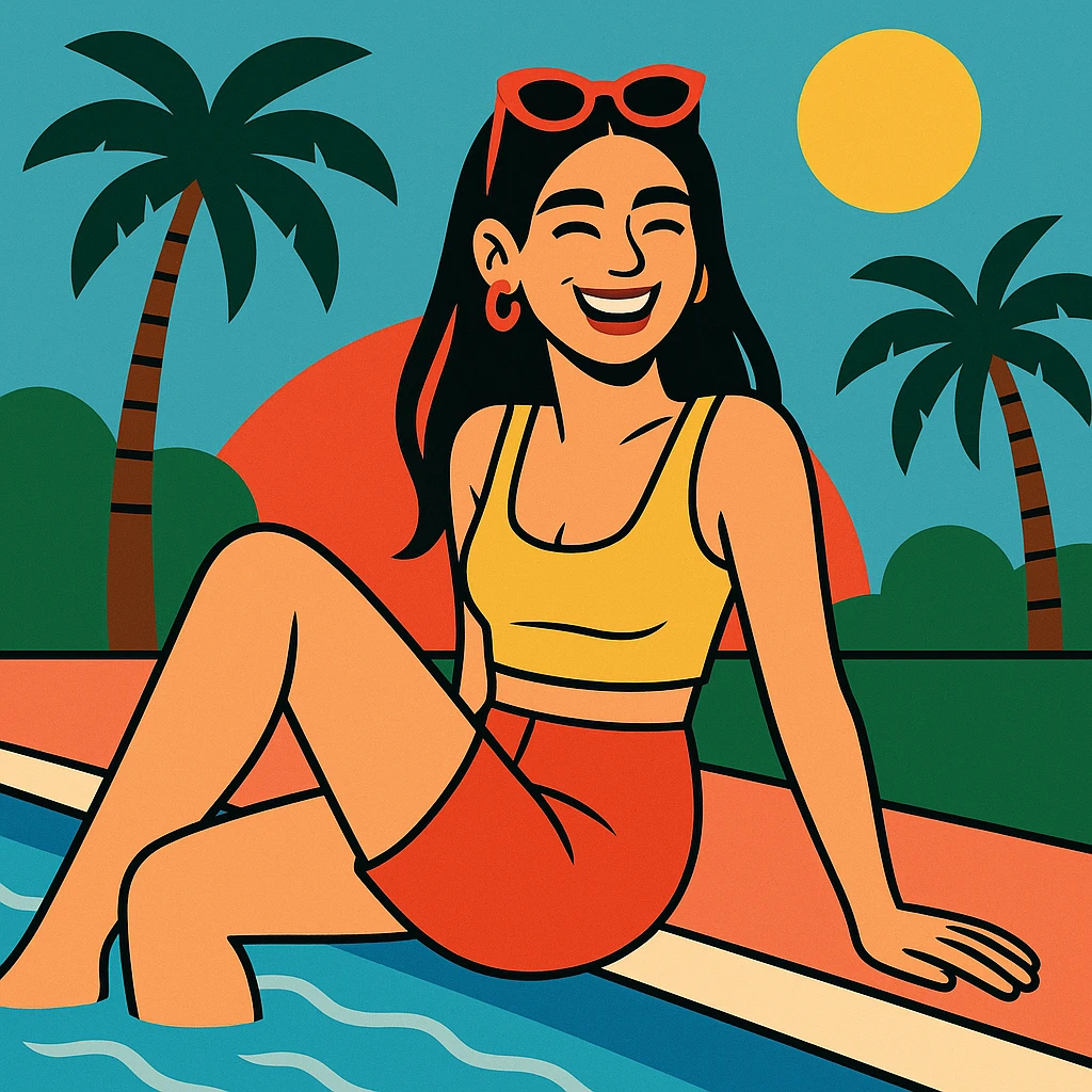 Dua Lipa relaxing by the pool, summer outfit, cheerful, palm trees emoji