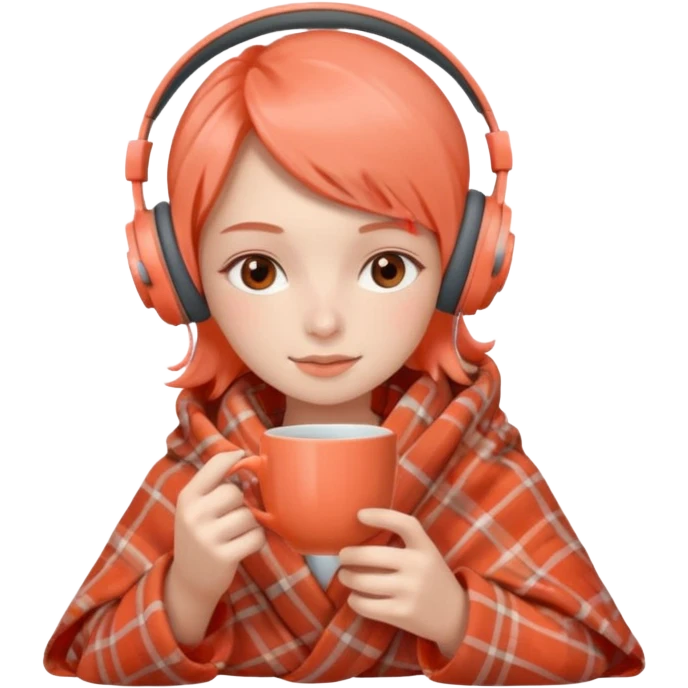 Девушка в пледе кораллового цвета пьет чай и на ней наушники emoji