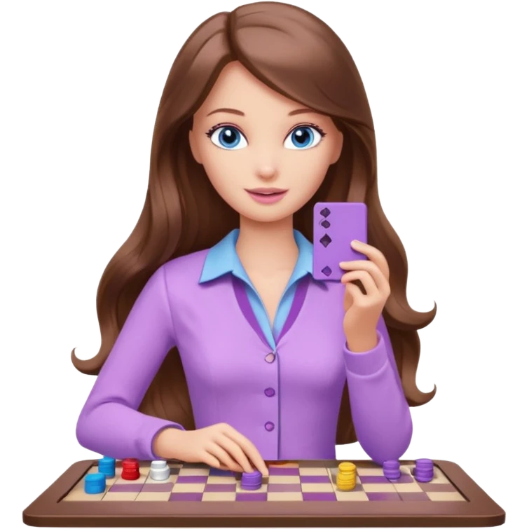 beautiful barbie girl with long brown hair, blue eyes and wearing light purple clothes playing board games emoji