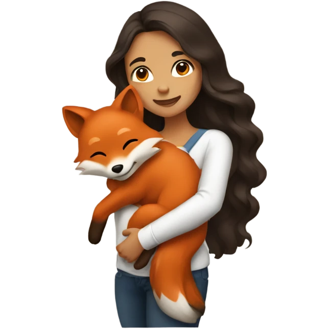 a woman with long wavy dark brown hair hugging a fox emoji