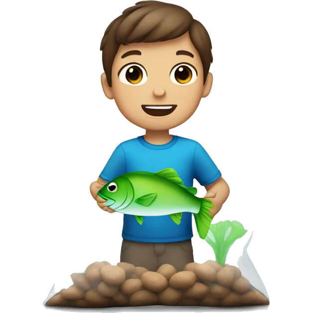 Little boy with brown hair holding a blue and green fish in a clear plastic bag emoji