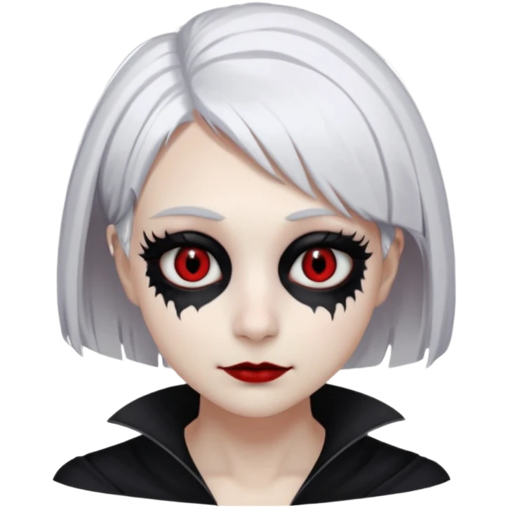 Afemale, unnatural eye color with veiny eyes, sickly skin texture combined with an unnatural creepy smile, liminal setting that feels wrong, uncanny eerie art style, scary femme fatale, bob cut, mole under eye, white hair, red iris, black mascara, black eyeshadow, Gothic white skin, emoji