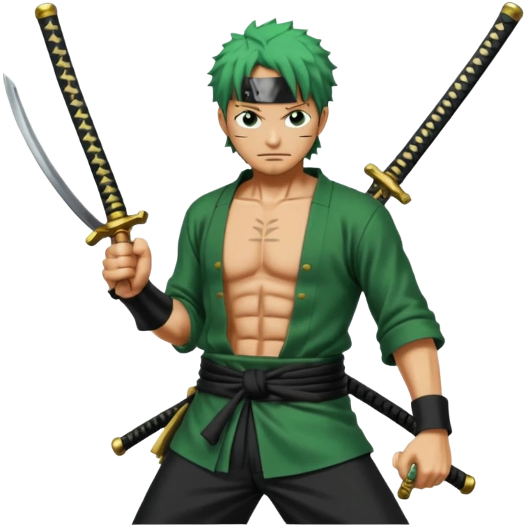 Has a zoro de one piece con sus tres katanas más epico en pocision de ataque y estilo anime  emoji