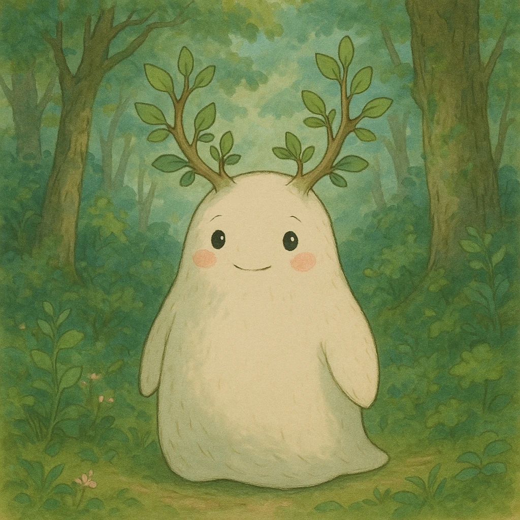 whimsical forest spirit with soft colors and gentle expression in ghibli style emoji