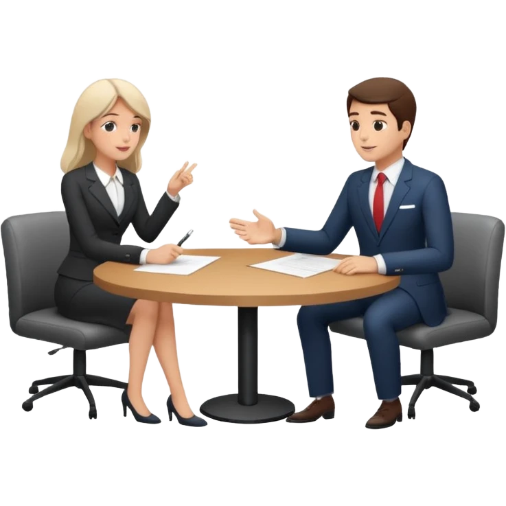 Two people sitting at a table with a large contract or paper between them and speech bubbles above, symbolizing negotiation and agreement signing. emoji