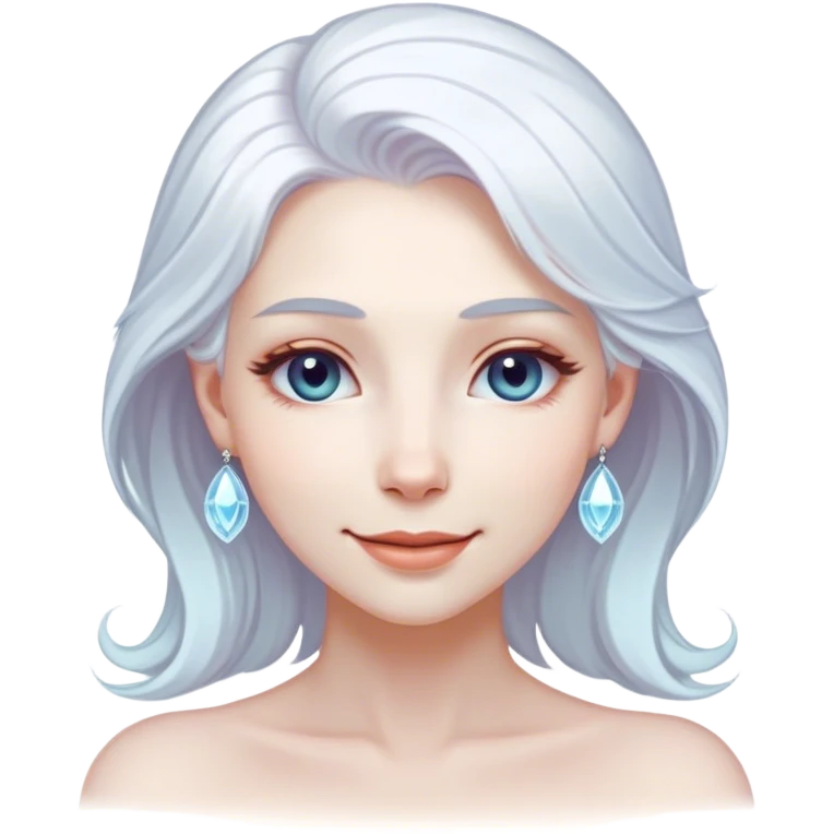 Cinematic Radiant Snow Queen Portrait Emoji, rendered in a realistic, vector style with clean proportions. Show Elsa with a gentle, confident smile, icy pale skin, and luxuriously styled platinum hair, her expression calm and regal. The image glows with a soft, enchanting icy luminescence, high shine, and is accented by a soft glowing outline that enhances her ethereal beauty. emoji