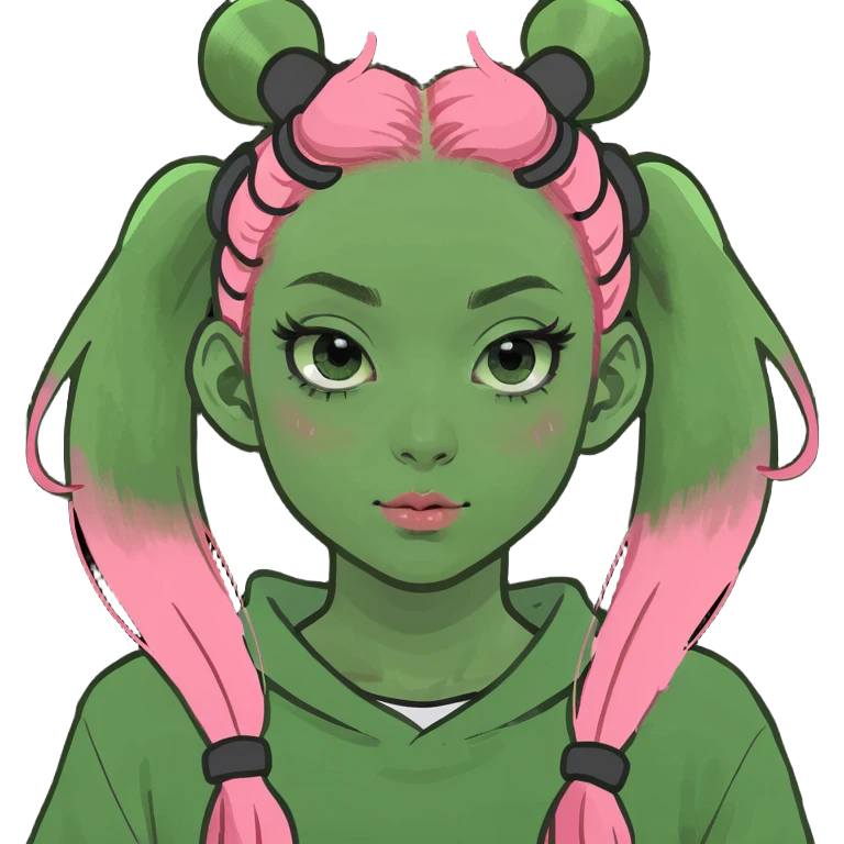 Girl with full lips grinning big, squinty eyes, and long eyelashes. Pink long hair with long bangs at the front, and two space buns on top of her head emoji