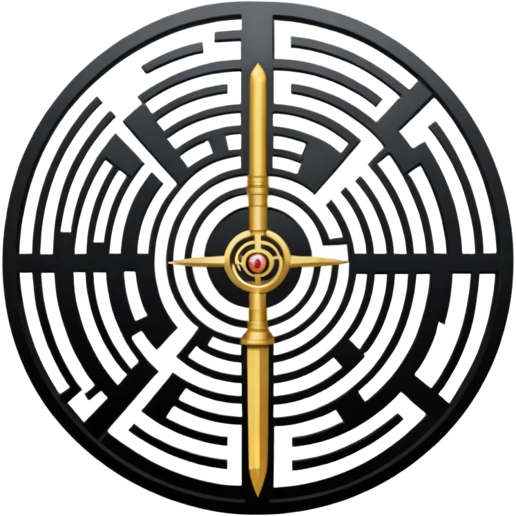 A vertical sword in the center of a circular maze, inside of which is embedded a thin astrolabe. The lines are strict, geometric, and symmetrical. The material is a dark metal (antimonium). The style is a minimalistic alchemical sign. emoji