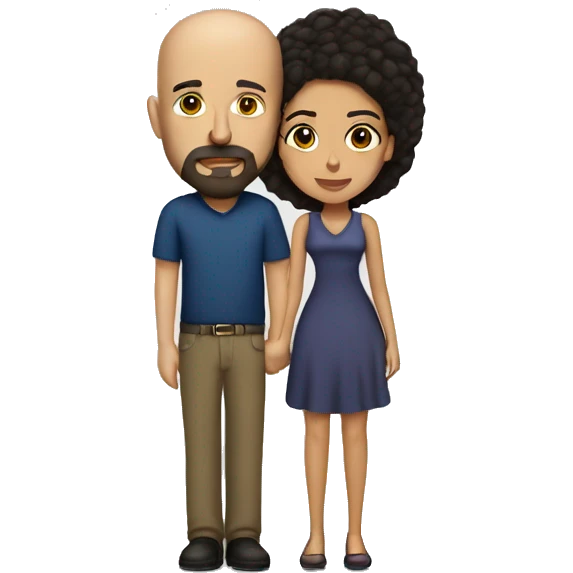 short venezuelan woman with long dark hair kissing tall bald american man with goatee emoji