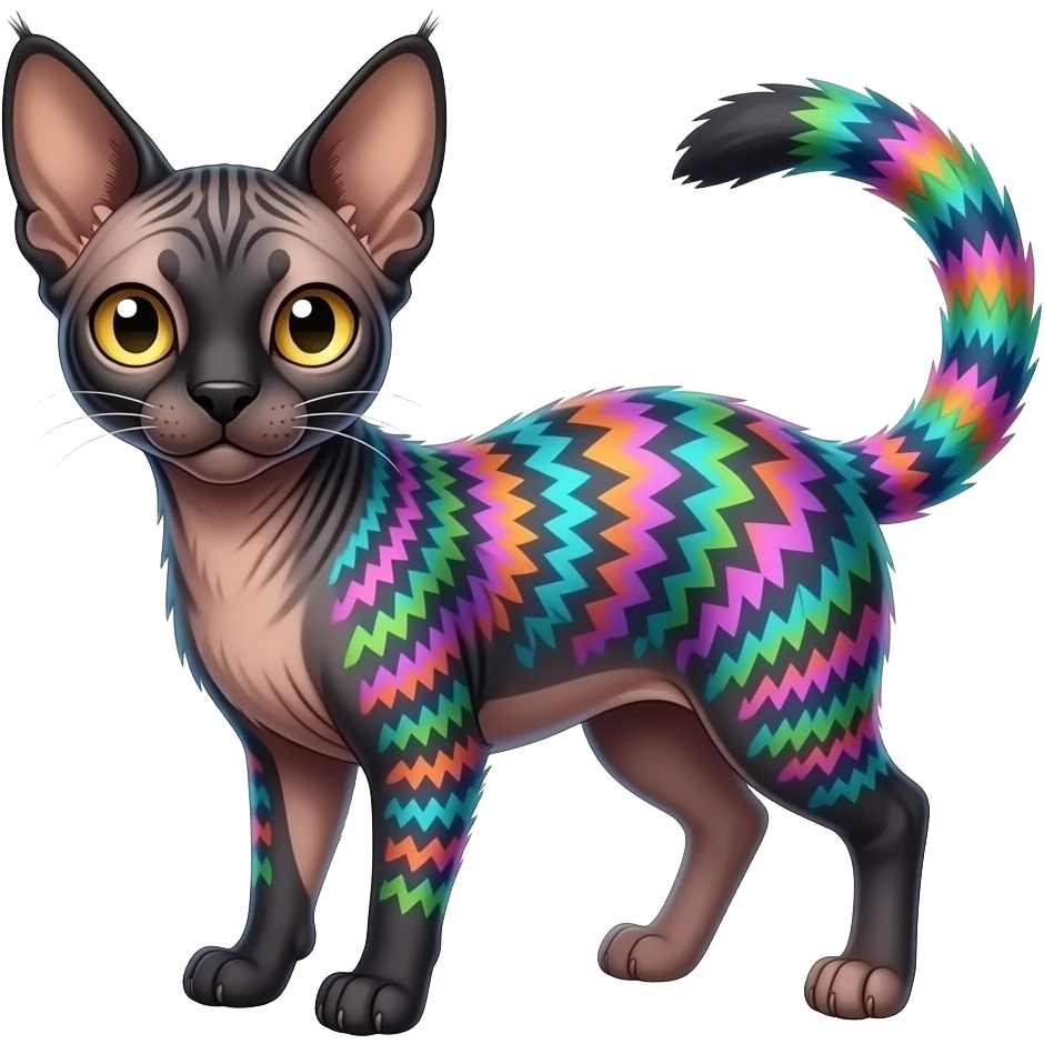 A Colorful iridescent exotic tropical tribal cute happy realistic esoteric patterned fluffy furry dark caracal-Lykoi-bobcat-sphynx-genet-civet-Fakémon-fursona-hybrid-fusion-animal-creature, full body, 4-legged emoji