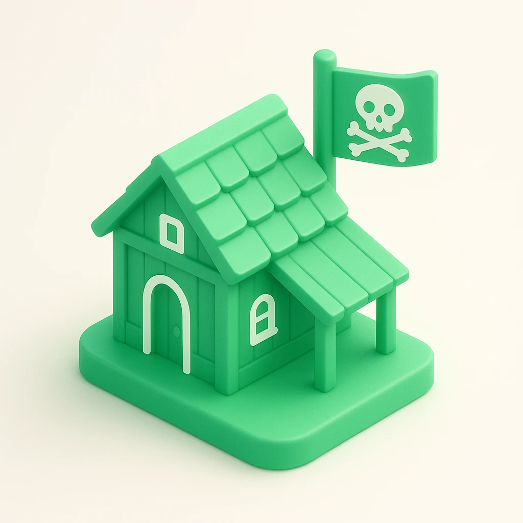 old pirate's house with skull flag emoji
